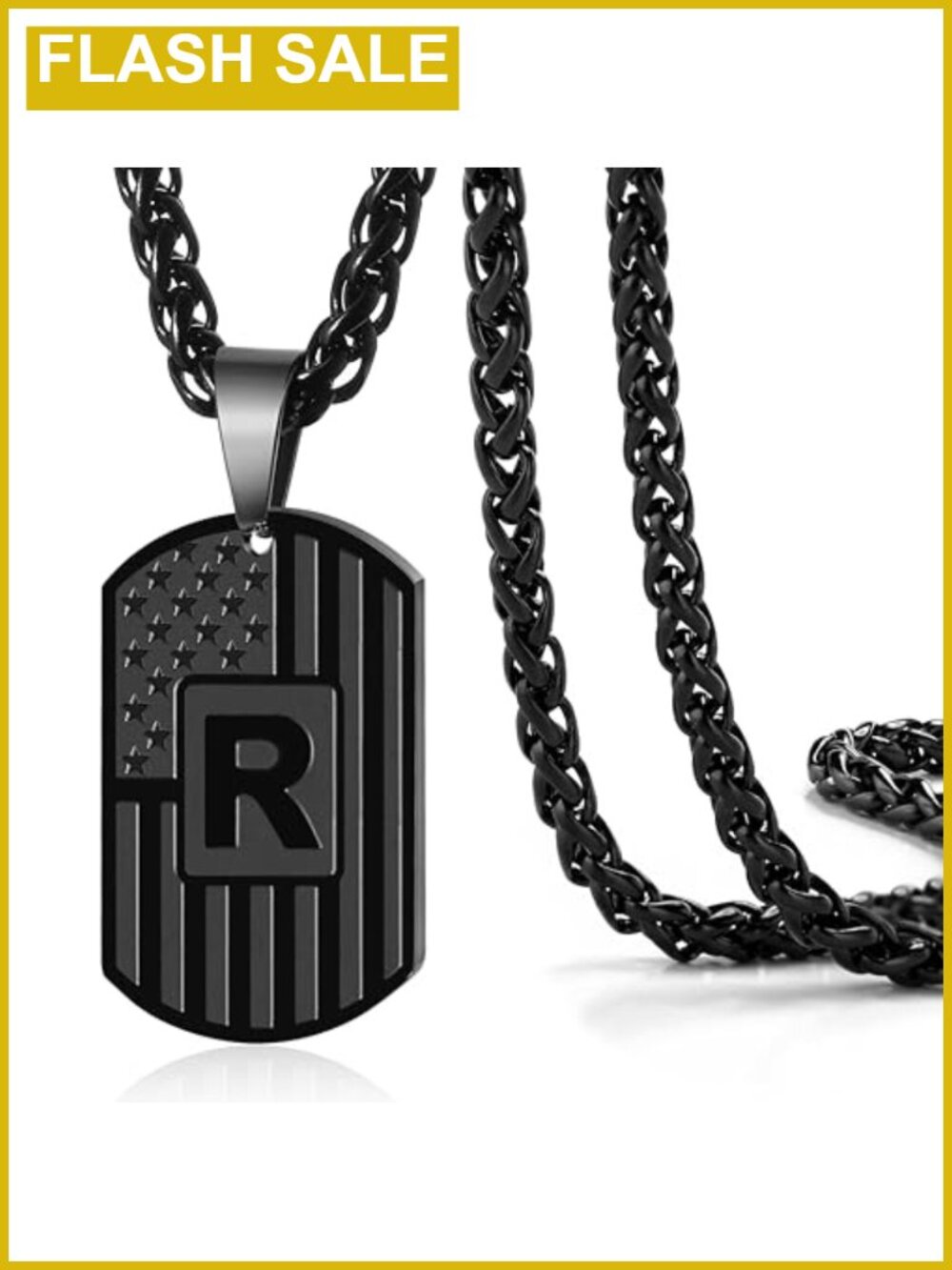 Mens Stainless Steel Initial R Necklace 24in American Flag Dog Tag Pendant